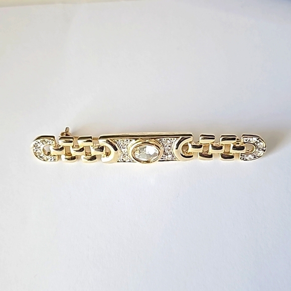 Vintage Gold Tone Metal and Rhinestone Chain Link Bar Brooch - Picture 1 of 5